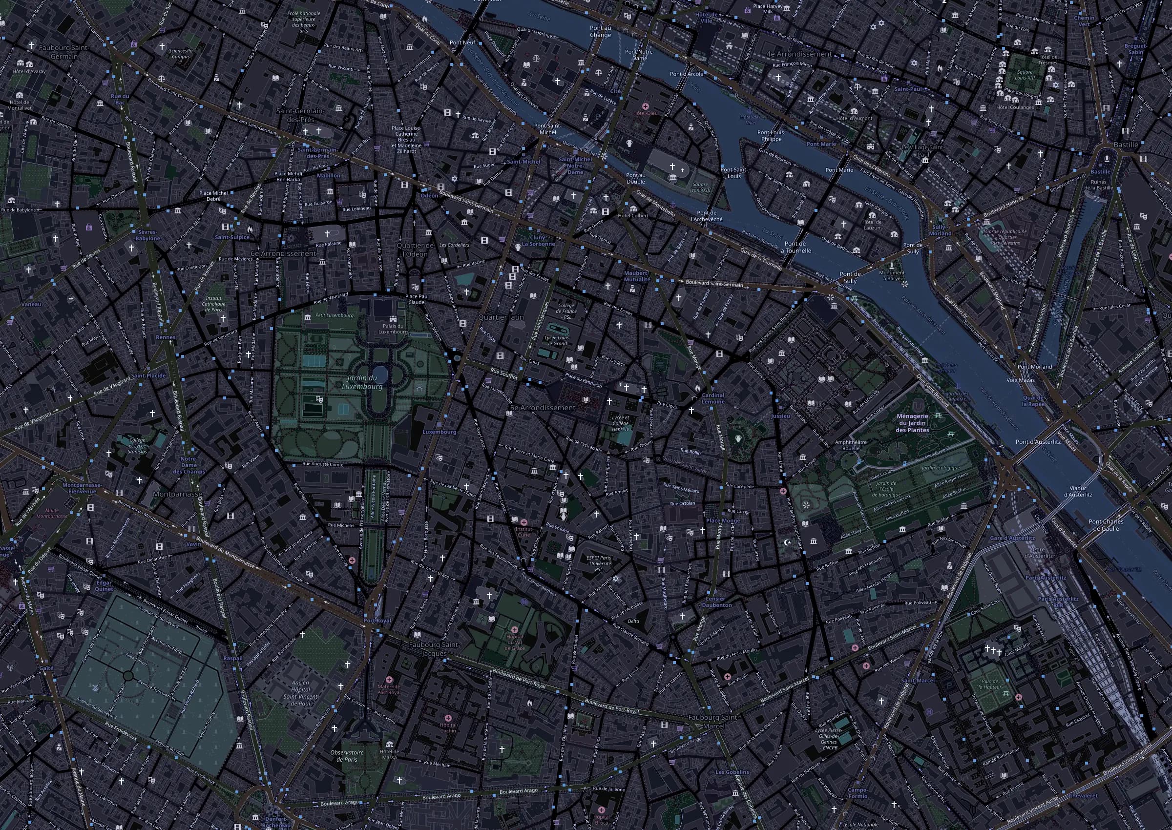 Carte du centre de Paris situant les deux bureaux d'Amorem : rue Saint-André-des-Arts (6e) et rue de la Collégiale (5e).